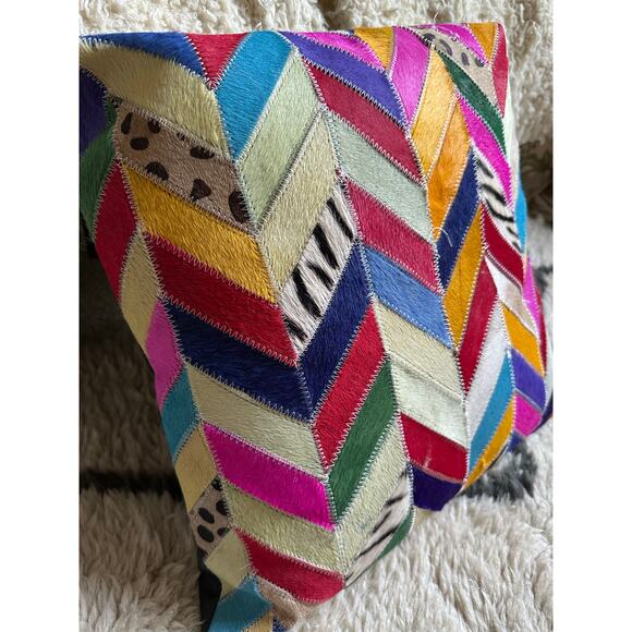Cowhide Patchwork Decorative Pillow Cover colorful fun unique bright 18” - Picture 5 of 16
